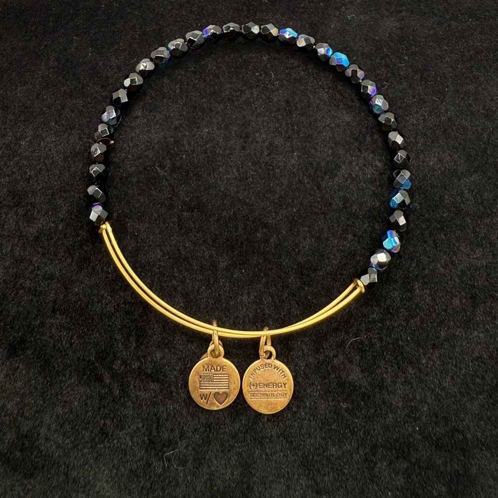Alex and Ani Black Blue Beaded Bracelet Gold Tone Adjustable Bangle